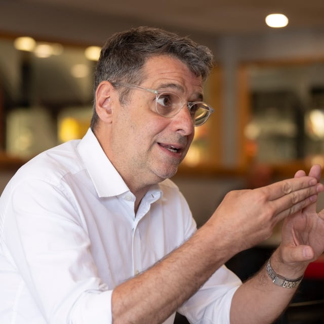 Eric Duhaime, Conservative Party of Quebec leader and candidate for the Quebec byelection in the Arthabaska riding is interviewed in Saint-Louis-de-Blandford, Que., Wednesday, July 23, 2025. A byelection is scheduled for the riding on August 11, 2025. THE CANADIAN PRESS/Christinne Muschi