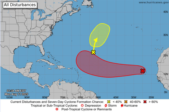 This NHC graphic highlights areas being watched in the Atlantic, with Invest 97-L shown in red.