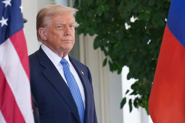 President Donald Trump awaits the arrival of Armenian Prime Minister Nikol Pashinyan at the White House on August 8, 2025 in Washington, DC.