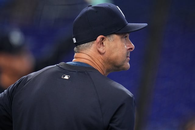 MIAMI, FLORIDA - AUGUST 02: New York Yankees manager Aaron Boone looks on during batting practice prior to a game against the Miami Marlins at loanDepot park on August 02, 2025 in Miami, Florida.