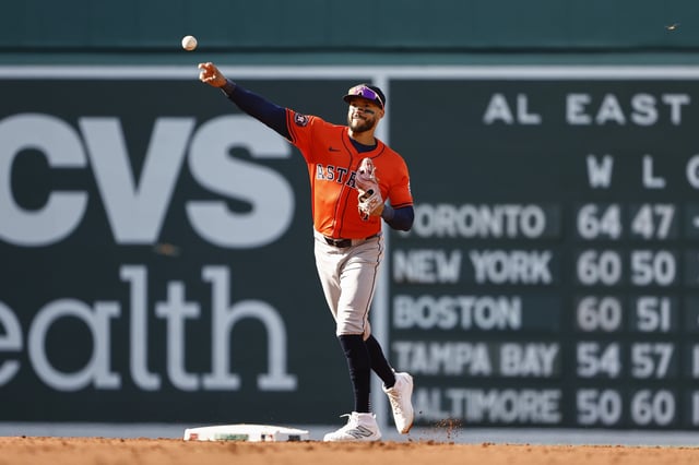 BOSTON, MA - AUGUST 2: Carlos Correa #1 of the Houston Astros throws out Abraham Toro #29 of the Boston Red Sox during the second inning at Fenway Park on August 2, 2025 in Boston, Massachusetts. (Photo By Winslow Townson/Getty Images)