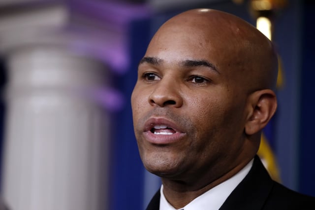 Former U.S. Surgeon General Jerome Adams speaks about the coronavirus in the James Brady Press Briefing Room of the White House, Friday, April 3, 2020, in Washington