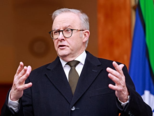 Australia’s Prime Minister Anthony Albanese speaks during a press conference in Canberra on August 11, 2025. Australia will recognise a Palestinian state at the UN General Assembly in September, Prime Minister Anthony Albanese said on August 11. (Photo by Hilary Wardhaugh / AFP)