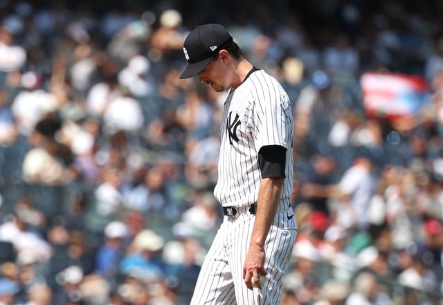 NEW YORK, NEW YORK - AUGUST 10: Max Fried #54 of the New York Yankees looks on after giving up a two run double against Cam Smith #11 of the Houston Astros in the fifth inning during their game at Yankee Stadium on August 10, 2025 in New York City. (Photo by Al Bello/Getty Images)