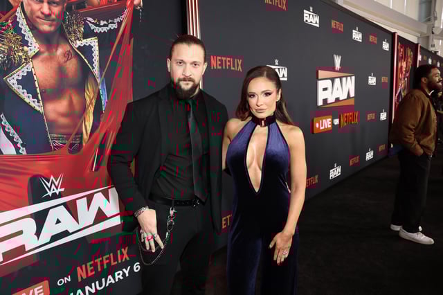 INGLEWOOD, CALIFORNIA - JANUARY 06: (L-R) Karrion Kross and Scarlett Bordeaux attend Netflix&#39;s Debut of WWE Monday Night Raw at Intuit Dome on January 06, 2025 in Inglewood, California. (