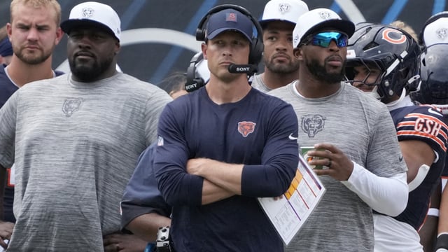Aug 10, 2025; Chicago, Illinois, USA; Chicago Bears head coach Ben Johnson on the sidelines against the Miami Dolphins during the first half at Soldier Field. Mandatory Credit: David Banks-Imagn Images