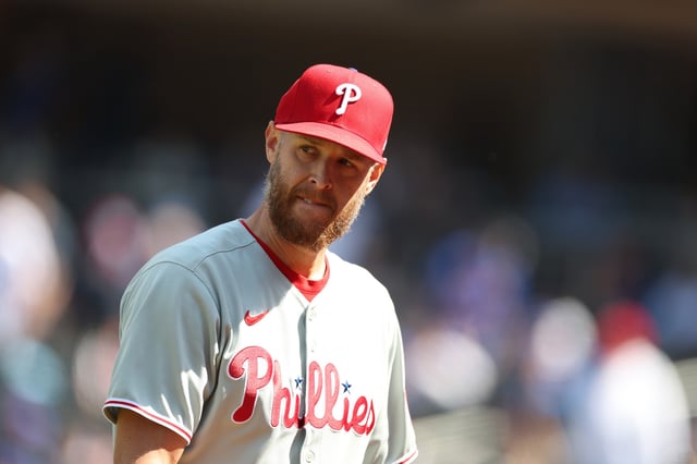 NEW YORK, NEW YORK - APRIL 23: Zack Wheeler #45 of the Philadelphia Phillies looks on against the New York Mets during their game at Citi Field on April 23, 2025 in New York City. (Photo by Al Bello/Getty Images)