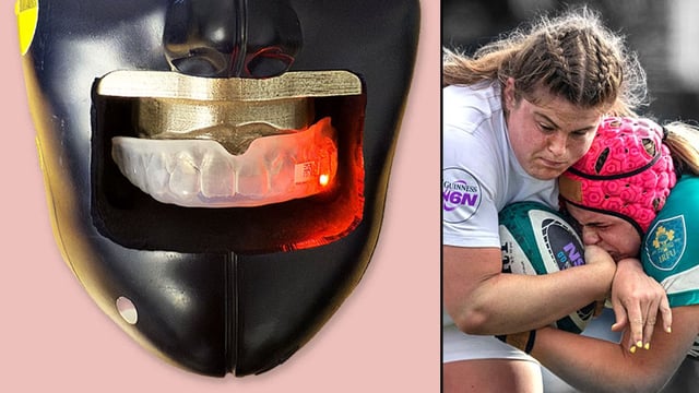 The mouthguards light up red, left, when players surpass specific thresholds for movement