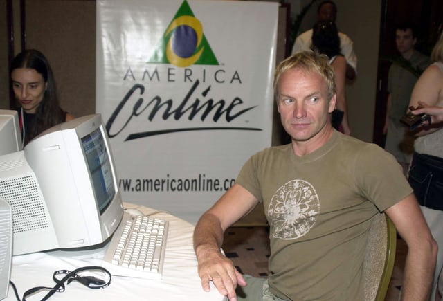Musician Sting joins in a live chat on America Online January 12, 2001 in the VIP tent at the &#34;Rock in Rio&#34; music festival in Rio de Janeiro, Brazil.