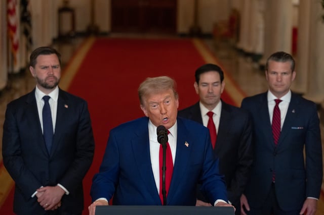 U.S. President Donald Trump delivers an address to the nation accompanied by U.S. Vice President JD Vance, U.S. Secretary of State Marco Rubio and U.S. Defense Secretary Pete Hegseth from the White House on June 21, 2025 in Washington, D.C.