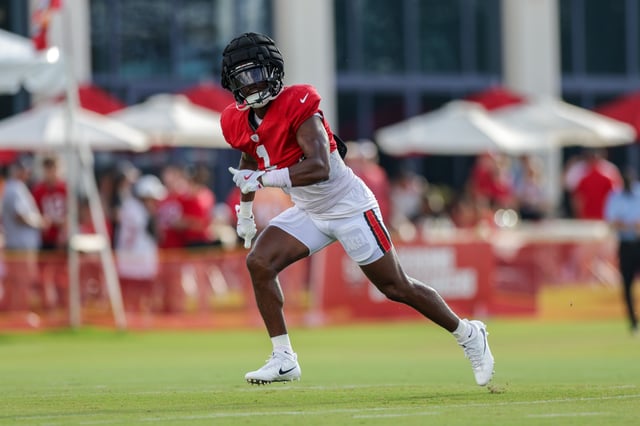 Aug 1, 2025; Tampa, FL, USA; Tampa Bay Buccaneers running back Rachaad White (1) participates in training camp at AdventHealth Training Center. Mandatory Credit: Nathan Ray Seebeck-Imagn Images/File Photo