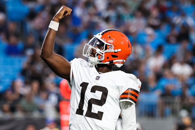 CHARLOTTE, NORTH CAROLINA - AUGUST 08: Shedeur Sanders #12 of the Cleveland Browns reacts after a touchdown during the 1st half of an NFL Preseason 2025 game against the Carolina Panthers at Bank of America Stadium on August 08, 2025 in Charlotte, North Carolina.