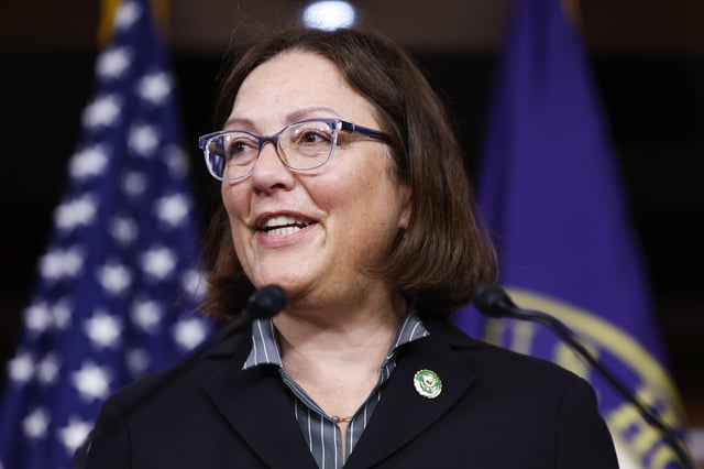 Democratic Congressional Campaign Committee Chair Rep. Suzan DelBene (D-WA) speaks at a news conference after a meeting with the House Democratic Caucus at the U.S. Capitol Building on September 19, 2023 in Washington, DC.