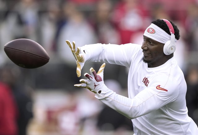 Deebo Samuel Sr. #1 of the San Francisco 49ers warms up prior to the start of an NFL football game against the Detroit Lions at Levi&#39;s Stadium on December 30, 2024 in Santa Clara, California.