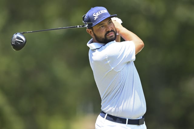 Aug 10, 2025; Memphis, Tennessee, USA; J.J. Spaun plays his shot from the fifth tee during the final round of the FedEx St. Jude Championship golf. Mandatory Credit: Steve Roberts-Imagn Images/File Photo