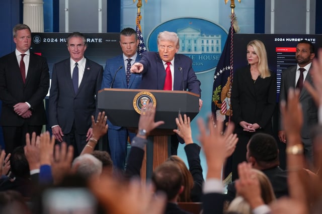 UNITED STATES – AUGUST 11: President Donald Trump holds a news conference at the White House to announce a public safety emergency in Washington, D.C., on Monday, August 11, 2025. President Trump is flanked from left by Secretary of the Army Dan Driscoll, Secretary of Interior Doug Burgum, Secretary of Dfense Pete Hegseth, Attorney General Pam Bondi and FBI Director Kash Patel. (Tom Williams/CQ-Roll Call, Inc via Getty Images)
