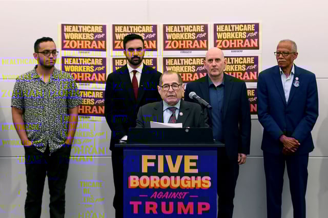 Rep. Jerry Nadler speaks during a Zohran Mamdani press conference at the 1199SEIU headquarters on August 11 in New York City.