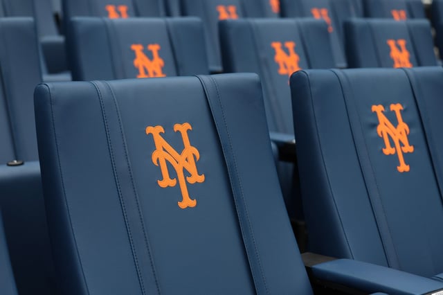 NEW YORK, NEW YORK - MAY 29: A general view of New York Mets logo seats before the game against the Los Angeles Dodgers at Citi Field on May 29, 2024 in the Queens borough of New York City. (Photo by Luke Hales/Getty Images)