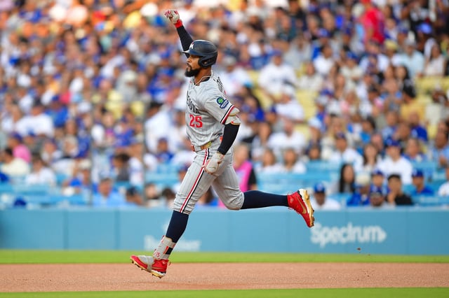Jul 21, 2025; Los Angeles, California, USA; Minnesota Twins center fielder Byron Buxton (25) runs the bases after hitting a solo home run against the Los Angeles Dodgers during the first inning  at Dodger Stadium. Mandatory Credit: Gary A. Vasquez-Imagn Images/File Photo