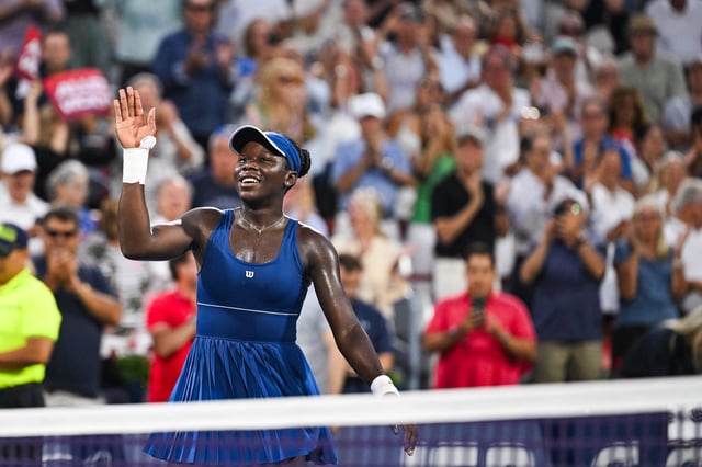 Victoria Mboko celebrates after beating Naomi Osaka in the 2025 National Bank Open in Montreal on August 7, 2025