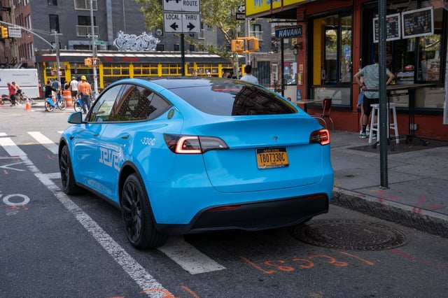 A Revel Tesla Livery Service car is seen here in Manhattan on Saturday August 7, 2021. 1349. (Theodore Parisienne for New York Daily News)
