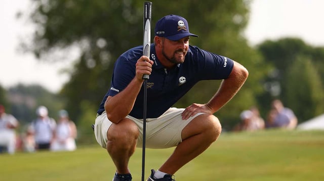 Aug 10, 2025; Bolingbrook, Illinois, USA; Bryson DeChambeau of the Crushers GC lines up his putt on first hole during the third round of the LIV Golf Chicago tournament at Bolingbrook Golf Club. Mandatory Credit: Melissa Tamez-Imagn Images
