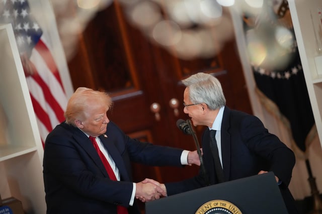 U.S. President Donald Trump shakes hands with Nvidia CEO Jensen Huang after Huang delivered remarks in the Cross Hall of the White House during an event on &#34;Investing in America&#34; on April 30, 2025 in Washington, DC. Trump was joined by CEOs to highlight companies and their investments in the United States during the event.