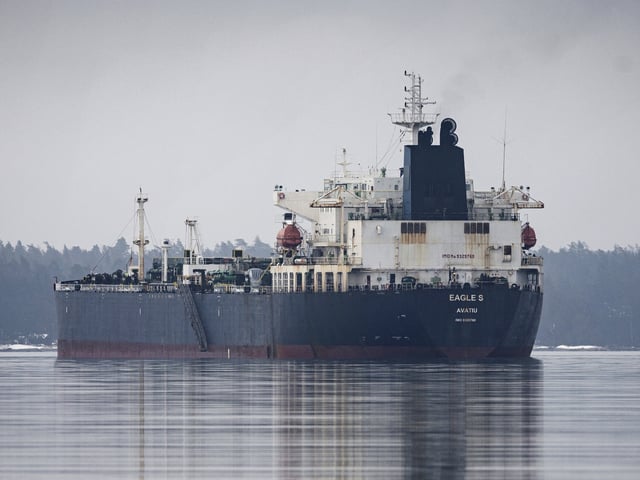 The detained Eagle S tanker, which damaged undersea cables in the Baltic Sea last month, off the coast of Porvoo, Finland, on Wednesday, Jan. 8, 2025. Finnish authorities deemed the tanker that's part of the fleet carrying Russian oil as not seaworthy after inspections onboard. Photographer: Roni Rekomaa/Bloomberg via Getty Images