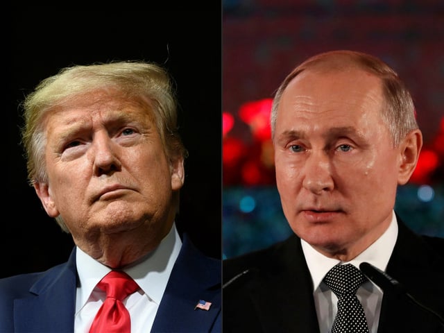 (COMBO) This combination of pictures created on February 21, 2020 shows US President Donald Trump delivers remarks at a Keep America Great rally in Phoenix, Arizona, on February 19, 2020. Russian President Vladimir Putin delivers a speech during a ceremony in Jerusalem on January 23, 2020 commemorating the people of Leningrad during the Second World War Nazi siege on the city. - President Donald Trump on february 21, 2020 dismissed reported warnings by US intelligence that Russia is meddling in this year's elections as a "hoax" planted by his Democratic rivals. "Another misinformation campaign is being launched by Democrats in Congress saying that Russia prefers me to any of the Do Nothing Democrat candidates who still have been unable to, after two weeks, count their votes in Iowa," Trump wrote on Twitter. (Photo by JIM WATSON and EMMANUEL DUNAND / AFP) (Photo by JIM WATSON,EMMANUEL DUNAND/AFP via Getty Images)
