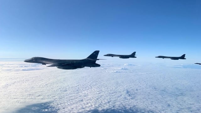 U.S. Air Force B-1B Lancers enroute through the Arctic were escorted by Spanish Air Force EF-18M Hornets from Keflavik Air Base, Iceland, in support of NATO’s Air Policing mission, Aug. 9, 2025. (Courtesy photo)