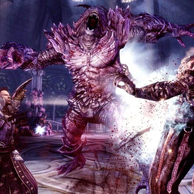 A screenshot showing a heavily armored man attacking a tall enemy with an even larger enemy running toward them in Dragon Age: Origins - Ultimate Edition. 