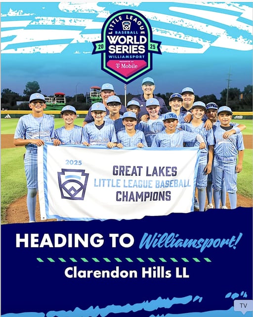 The Clarendon Hills Little League team poses with Great Lakes Region championship banner Wednesday, Aug. 6, in a promotional photo issued by Little League Baseball. (Little League Baseball)