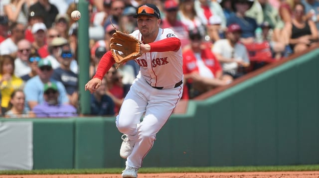 Aug 3, 2025; Boston, Massachusetts, USA; Boston Red Sox third baseman Alex Bregman (2) fields the ball during the sixth inning against the Houston Astros at Fenway Park. Mandatory Credit: Bob DeChiara-Imagn Images