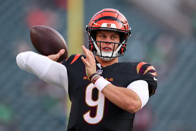 Joe Burrow #9 of the Cincinnati Bengals attempts a pass before the NFL Preseason 2025 game against the Philadelphia Eagles at Lincoln Financial Field on August 7, 2025 in Philadelphia, Pennsylvania.