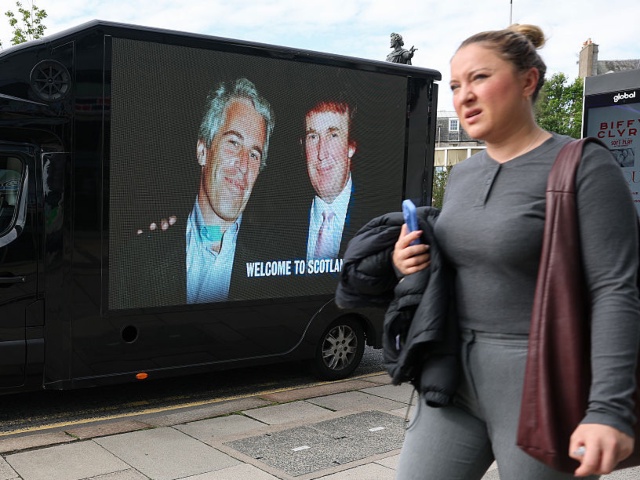 ABERDEEN, SCOTLAND - JULY 28: A van showing an image of Jeffrey Epstien with Donald Trump organised by the group "Everyone Hates Elon" is seen on Union Terrace prior to a visit of President Trump’s visit to his golf course at Balmedie on July 28, 2025 in Aberdeen, Scotland. U.S. President Donald Trump is visiting his Trump Turnberry golf course, as well as Trump International Golf Links in Aberdeenshire, during a brief visit to Scotland from July 25 to 29. (Photo by Jeff J Mitchell/Getty Images)
