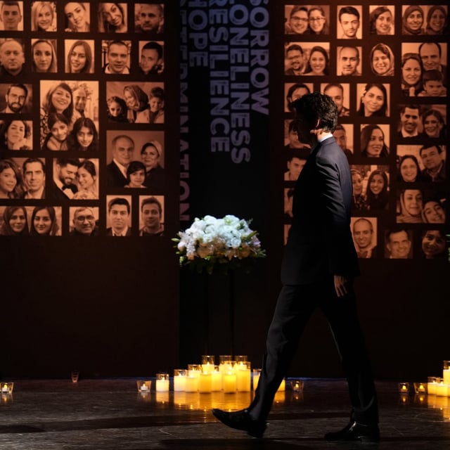 Prime Minister Justin Trudeau walks onto the stage to speak during an event to commemorate the fifth anniversary of the downing of Ukraine International Airlines Flight PS752, in Richmond Hill, Ont., Wednesday, Jan. 8, 2025. THE CANADIAN PRESS/Nathan Denette