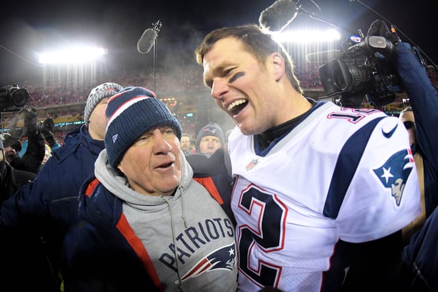 Jan 20, 2019; Kansas City, MO, USA; New England Patriots head coach Bill Belichick and quarterback Tom Brady (12) celebrate the win over the Kansas City Chiefs during overtime in the AFC Championship game at Arrowhead Stadium. Mandatory Credit: Kirby Lee-USA TODAY Sports/File Photo