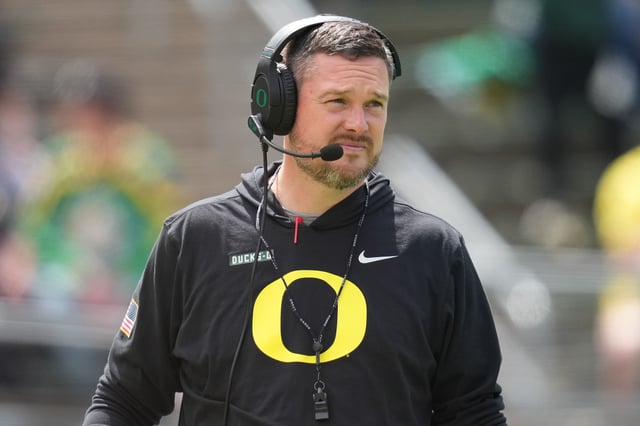 Head coach Dan Lanning of the Oregon Ducks looks on during the Oregon spring game at Autzen Stadium on April 26, 2025 in Eugene, Oregon.