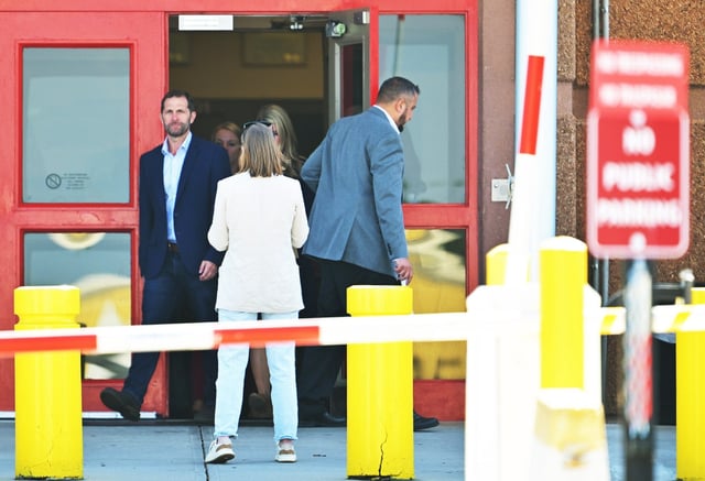 U.S. Rep. Jason Crow, left, leaves the GEO Group-operated ICE detention center in Aurora after conducting an oversight visit with other members of Colorado’s Democratic House delegation on Aug. 11, 2025. He was joined by U.S. Reps. Brittany Pettersen, Diana DeGette and Joe Neguse. The visit follows an announcement that Crow and Neguse are suing the Trump administration after Crow previously was denied access for an unannounced visit. (Photo by RJ Sangosti/The Denver Post)