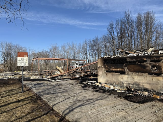 The Ukrainian Cultural Heritage Village east of Edmonton is seen on April 19, 2025, one day after a fire burned through the area.
