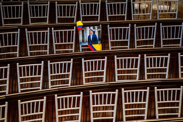 A picture of Colombian senator Miguel Uribe Turbay is placed during the instalment of the 2025-2026 session period of the Colombian Congress, on July 20, 2025 in Bogota, Colombia.
