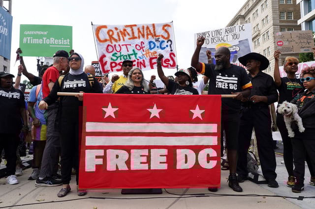 Protesters gather near the White House as President Donald Trump announced he is placing the D.C. Metropolitan Police Department under direct federal control on Aug. 11, 2025.