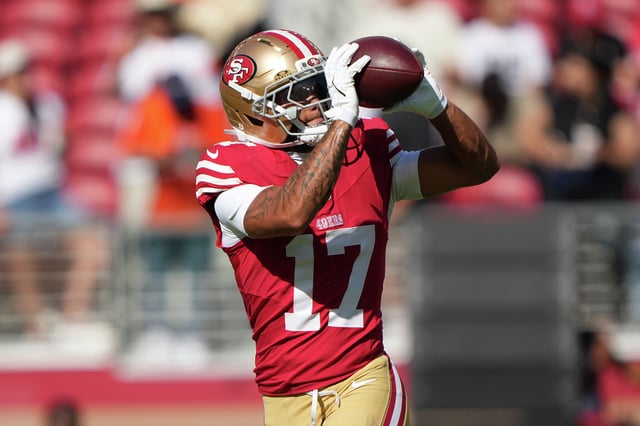 Jordan Watkins of the San Francisco 49ers warms up prior to the start of an NFL preseason game between Denver Broncos and San Francisco 49ers at Levi’s Stadium on Aug. 9, 2025, in Santa Clara, Calif.