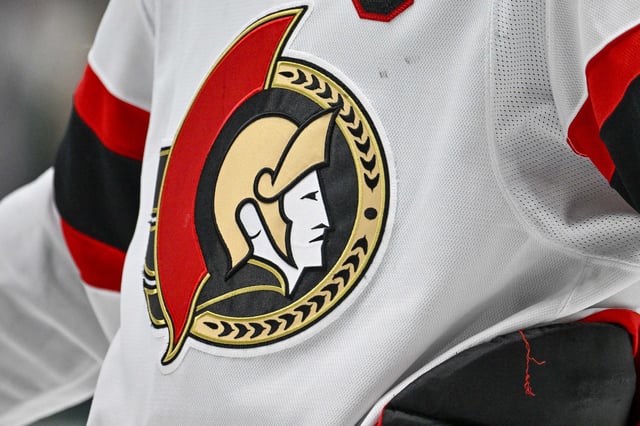 Dec 15, 2023; Dallas, Texas, USA; A view of the Ottawa Senators logo on the jersey of left wing Brady Tkachuk (7) during the game between the Dallas Stars and the Ottawa Senators at the American Airlines Center. Mandatory Credit: Jerome Miron-USA TODAY Sports/File Photo