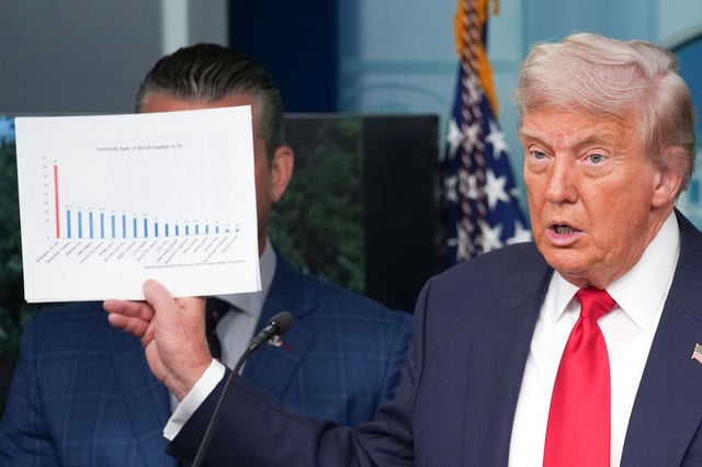 President Donald Trump shows crime statistics as he delivers remarks during a press conference in the James S. Brady Press Briefing Room of the White House August 11 in Washington, DC.