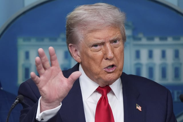 President Donald Trump speaks with reporters in the James Brady Press Briefing Room at the White House, Monday, Aug. 11, 2025, in Washington. (AP Photo/Alex Brandon)