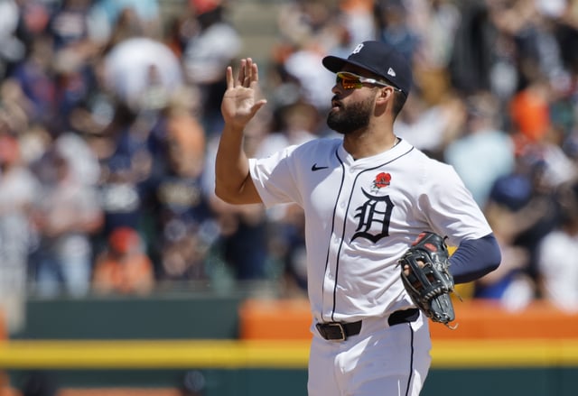 DETROIT, MI - MAY 26: Ryan Kreidler #32 of the Detroit Tigers reacts following a win over the San Francisco Giants at Comerica Park on May 26, 2025 in Detroit, Michigan.