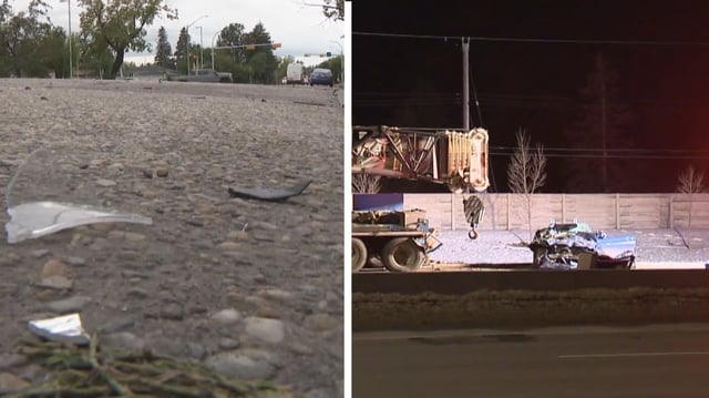 On the left, debris remains on 58th Ave. SW following a crash that damaged more than a half-dozen vehicles early Friday morning. Court documents show the driver charged in that incident is the same man who was behind the wheel of a December 2024 crash (right) that claimed the life of a passenger and injured another.
