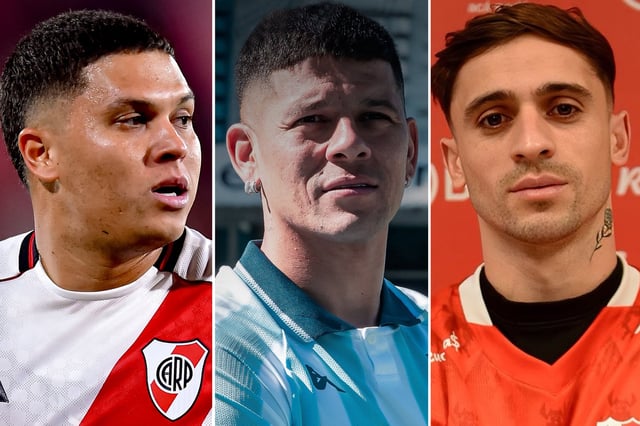 Juanfer Quintero (River), Marcos Rojo (Racing) y Walter Mazzanti (Independiente), tres refuerzos que llegaron en este mercado de pases para apuntar a las copas