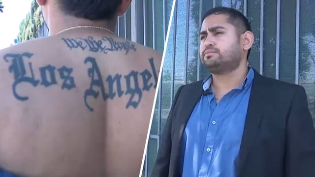 Brian Gavidia, of Montebello, shows his “We the People…” tattoo. 